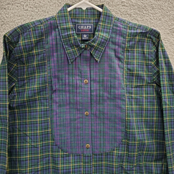 Chaps Denim Mixed Tartan Plaid Shirt Womens Large Blue Green Button Front NWT - Picture 3 of 12